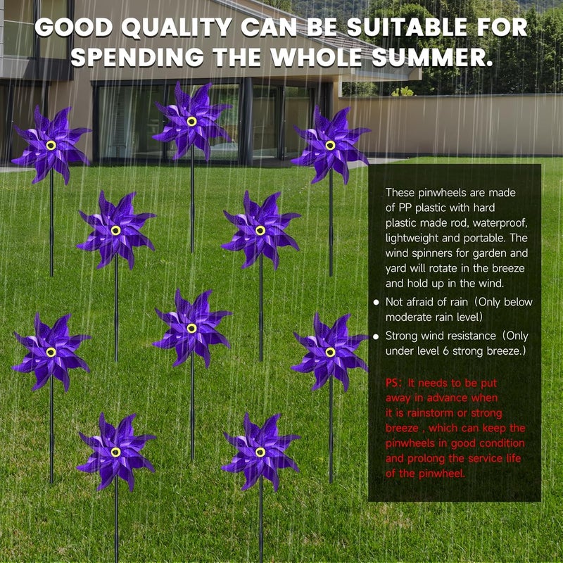 DECEED 10 PCS Reflective Pinwheels for Yard and Garden Bird Devices Pre-Installed Sparkly Wind Spinner Deterrent to Scare Birds Away from Yard Patio Farm (Purple) - Image 5